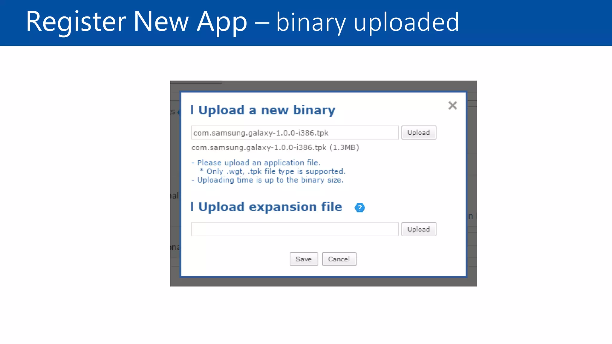 Register New App – binary uploaded
 