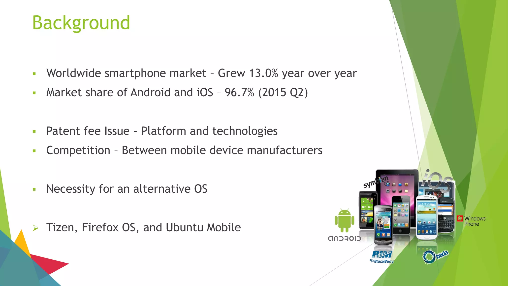 Background
 Worldwide smartphone market – Grew 13.0% year over year
 Market share of Android and iOS – 96.7% (2015 Q2)
 Patent fee Issue – Platform and technologies
 Competition – Between mobile device manufacturers
 Necessity for an alternative OS
 Tizen, Firefox OS, and Ubuntu Mobile
 