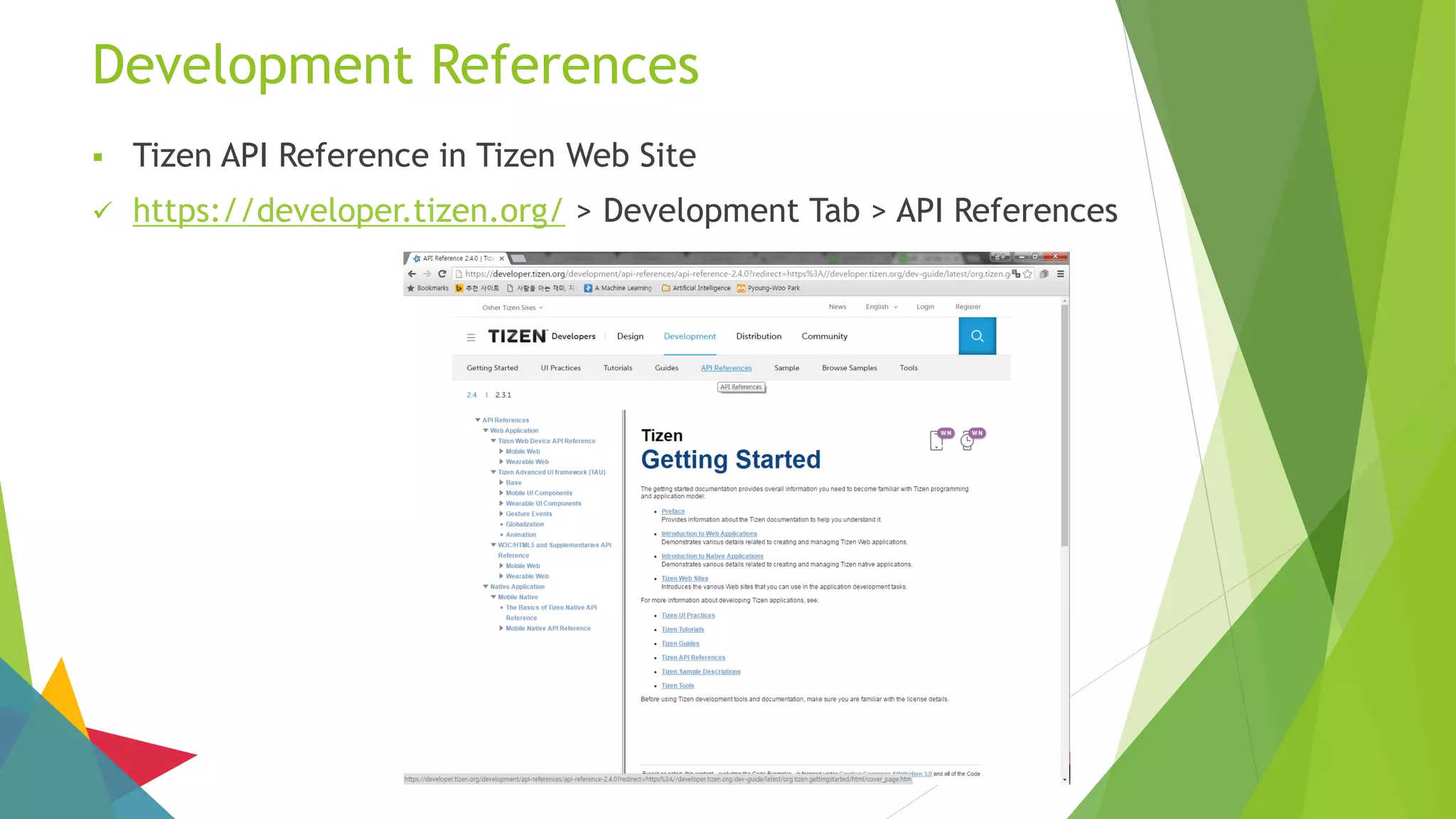 Development References
 Tizen API Reference in Tizen Web Site
 https://developer.tizen.org/ > Development Tab > API References
 