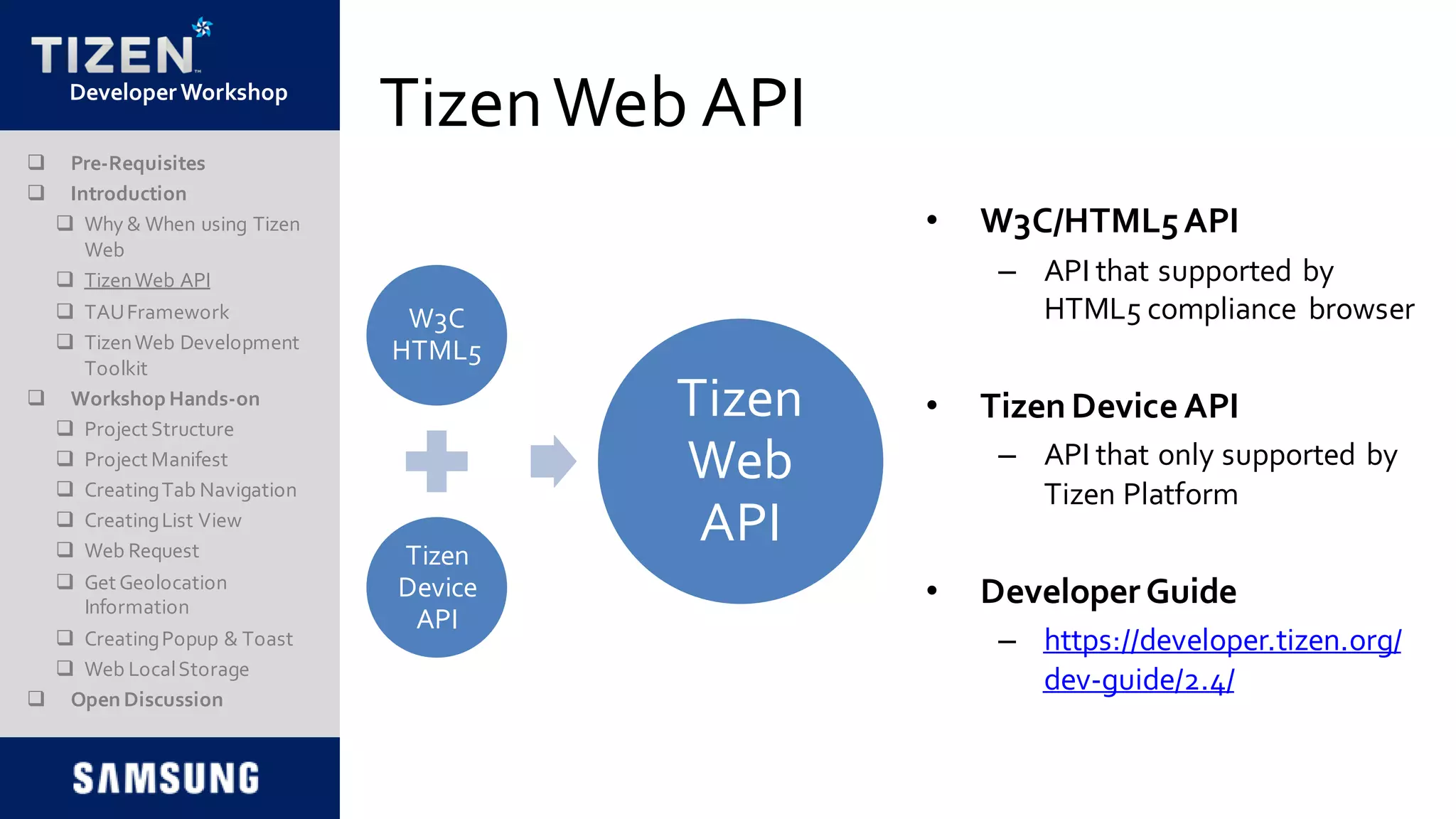 DeveloperWorkshop
TizenWeb API
W3C
HTML5
Tizen
Device
API
Tizen
Web
API
• W3C/HTML5API
– API that supported by
HTML5 compliance browser
• Tizen Device API
– API that only supported by
Tizen Platform
• DeveloperGuide
– https://developer.tizen.org/
dev-guide/2.4/
 Pre-Requisites
 Introduction
 Why & When using Tizen
Web
 TizenWeb API
 TAUFramework
 TizenWeb Development
Toolkit
 Workshop Hands-on
 Project Structure
 Project Manifest
 CreatingTab Navigation
 CreatingList View
 Web Request
 Get Geolocation
Information
 CreatingPopup & Toast
 Web LocalStorage
 Open Discussion
 