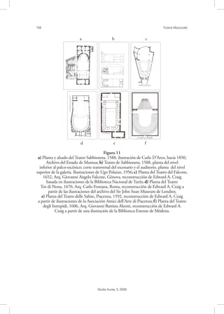 158 Tiziana Mazzucato
Studia Aurea, 3, 2009
Figura 11
a) Planta y alzado del Teatro Sabbioneta, 1588, ilustración de Carlo D’Arco, hacia 1850,
Archivo del Estado de Mantua; b) Teatro de Sabbioneta, 1588, planta del nivel
inferior al palco-escénico; corte transversal del escenario y el auditorio, planta del nivel
superior de la galería. Ilustraciones de Ugo Polazzo, 1956; c) Planta del Teatro del Falcone,
1652, Arq. Giovanni Angelo Falcone, Génova, reconstrucción de Edward A. Craig
basada en ilustraciones de la Biblioteca Nacional de Turín; d) Planta del Teatro
Tor di Nona, 1670, Arq. Carlo Fontana, Roma, reconstrucción de Edward A. Craig a
partir de las ilustraciones del archivo del Sir John Soan Museum de Londres;
e) Planta del Teatro delle Saline, Piacenza, 1592, reconstrucción de Edward A. Craig
a partir de ilustraciones de la Asociación Amici dell’Arte di Piacenza;f) Planta del Teatro
degli Intrepidi, 1606, Arq. Giovanni Battista Aleotti, reconstrucción de Edward A.
Craig a partir de una ilustración de la Biblioteca Estense de Módena.
a b c
d e f
! ! !
! ! !
 