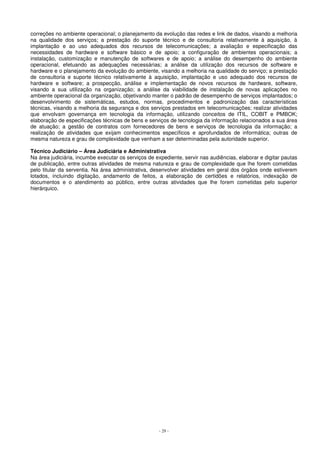 correções no ambiente operacional; o planejamento da evolução das redes e link de dados, visando a melhoria 
na qualidade dos serviços; a prestação do suporte técnico e de consultoria relativamente à aquisição, à 
implantação e ao uso adequados dos recursos de telecomunicações; a avaliação e especificação das 
necessidades de hardware e software básico e de apoio; a configuração de ambientes operacionais; a 
instalação, customização e manutenção de softwares e de apoio; a análise do desempenho do ambiente 
operacional, efetuando as adequações necessárias; a análise da utilização dos recursos de software e 
hardware e o planejamento da evolução do ambiente, visando a melhoria na qualidade do serviço; a prestação 
de consultoria e suporte técnico relativamente à aquisição, implantação e uso adequado dos recursos de 
hardware e software; a prospecção, análise e implementação de novos recursos de hardware, software, 
visando a sua utilização na organização; a análise da viabilidade de instalação de novas aplicações no 
ambiente operacional da organização, objetivando manter o padrão de desempenho de serviços implantados; o 
desenvolvimento de sistemáticas, estudos, normas, procedimentos e padronização das características 
técnicas, visando a melhoria da segurança e dos serviços prestados em telecomunicações; realizar atividades 
que envolvam governança em tecnologia da informação, utilizando conceitos de ITIL, COBIT e PMBOK; 
elaboração de especificações técnicas de bens e serviços de tecnologia da informação relacionados a sua área 
de atuação; a gestão de contratos com fornecedores de bens e serviços de tecnologia da informação; a 
realização de atividades que exijam conhecimentos específicos e aprofundados de informática; outras de 
mesma natureza e grau de complexidade que venham a ser determinadas pela autoridade superior. 
Técnico Judiciário – Área Judiciária e Administrativa 
Na área judiciária, incumbe executar os serviços de expediente, servir nas audiências, elaborar e digitar pautas 
de publicação, entre outras atividades de mesma natureza e grau de complexidade que lhe forem cometidas 
pelo titular da serventia. Na área administrativa, desenvolver atividades em geral dos órgãos onde estiverem 
lotados, incluindo digitação, andamento de feitos, a elaboração de certidões e relatórios, indexação de 
documentos e o atendimento ao público, entre outras atividades que lhe forem cometidas pelo superior 
hierárquico. 
- 29 - 
 