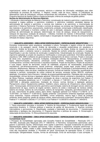 organizacional, estilos de gestão, processos, estrutura e sistemas de informação; estratégias para obter 
sustentação ao processo de mudança. 11 Negócio, missão, visão de futuro, valores. 12 Indicadores de 
desempenho: tipos de indicadores; variáveis componentes dos indicadores. 13 Avaliação da Gestão Pública: 
Programa Nacional de Gestão Pública e Desburocratização; critérios de avaliação da gestão pública. 
Noções de Administração de Recursos Materiais 
1 Introdução à Administração de Material e Patrimônio: conceituação de material e patrimônio; o patrimônio das 
empresas e órgãos públicos: o patrimônio imobiliário; o patrimônio mobiliário; atividades básicas da 
administração de material e patrimônio; o controle dos materiais e do patrimônio; a movimentação do 
patrimônio. 2 Sistema Patrimonial: Previsão e controle de estoque; as compras nas Organizações: Aquisição 
dos materiais e do patrimônio; arquivamento, recebimento, proteção, conservação e distribuição, classificação, 
padronização, codificação e inventário; análise do valor e alienação; estoques: planejamento, processos e 
políticas de administração de estoques; determinação de níveis de estoque, tempo de ressuprimento e 
estoques de segurança; avaliação de estoques – métodos; inventário de material. 3 Almoxarifado: funções, 
princípios e objetivos; controle, registro, conservação e recuperação de material; técnicas de armazenamento; 
utilização de espaço; segurança. 
ANALISTA JUDICIÁRIO – ÁREA APOIO ESPECIALIZADO – ESPECIALIDADE ARQUITETURA 
Conceitos fundamentais sobre arquitetura, sociedade e cultura. Percepção e registro críticos do ambiente 
construído e da paisagem natural. Análise de demandas e situações problemáticas em arquitetura e 
urbanismo. Análise de terrenos e de sua localização estratégica na cidade. Análise do impacto de novas 
construções sobre o ambiente natural e construído. Noções de conforto ambiental, acústica e insolação. 
Especificação e uso dos materiais de construção e acabamentos. Industrialização da construção. Noções de 
ergonomia aplicadas ao projeto de arquitetura. Certificações e construção sustentável. Informática aplicada à 
arquitetura: CAD, BIM e softwares de gerenciamento e planejamento de obras e serviços. Projeto e execução 
de obras civis: arquitetônico, estrutural, fundações, instalações elétricas, hidrossanitárias, ar condicionado, 
lógica, telecomunicações, elevadores, prevenção contra incêndio, instalações especiais. Arquitetura 
Contemporânea: correntes internacionais e arquitetos brasileiros. Projeto de Arquitetura. Projeto de arquitetura 
e suas etapas: estudo de demandas, estudo de viabilidade, programa de necessidades, programação 
arquitetônica, pré-dimensionamentos, estudo preliminar, anteprojeto, projeto legal, projeto básico, projeto 
executivo, detalhamento. Métodos e técnicas de desenho e projeto. Fiscalização e acompanhamento de obra: 
controle tecnológico, diário de obras, medições de serviços, controle de materiais. Orçamento: quantificação de 
materiais e serviços, composição de custos unitários de serviços, encargos sociais, BDI/LDI, orçamento 
detalhado. Cronograma físico-financeiro: métodos de programação/planejamento. Patologias das construções. 
Acessibilidade: normas técnicas e legislação aplicável. Patrimônio cultural, ambiental e arquitetônico. Auditoria 
de Obras Públicas: Legislação aplicada à contratação de obras e serviços de engenharia (Lei Federal nº 
8.666/93 e alterações posteriores, Lei nº 12.462/2011 e Decreto nº 7.581/2011, Lei nº 11.079/2004, Lei nº 
8.987/1995 e alterações posteriores). Avaliação de imóveis: normas técnicas e legislação aplicável. 
Planejamento urbano: Equipamentos públicos, mobiliário urbano, sistemas de infraestrutura urbana (sistema 
viário - hierarquização, dimensionamento, geometria e pavimentação; sistema de drenagem pluvial, sistema de 
abastecimento de água, sistema de esgoto sanitário, sistema de coleta e destinação de resíduos sólidos, 
sistema de energia, sistema de comunicações, sistema de transportes), topografia, georreferenciamento, uso 
do solo, instrumentos de gestão urbana, plano diretor, legislação aplicável (Lei Federal nº 6.766/79, Lei nº 
10.257/2001, Lei Federal nº 12.587/2012). Gestão ambiental: Licenciamento ambiental (legislação aplicável), 
riscos ambientais, impacto ambiental (EIA/RIMA), crimes ambientais, reserva legal e áreas de proteção 
ambiental, direito ambiental, gestão de resíduos sólidos, desenvolvimento sustentável. Saneamento Básico: Lei 
Federal nº 11.445/2007 e Decreto nº 7.217/2010, e Lei Federal nº 12.305/2010 e Decreto nº 7.404/2010. 
ANALISTA JUDICIÁRIO – ÁREA APOIO ESPECIALIZADO – ESPECIALIDADE ARQUIVOLOGIA 
1. Teoria arquivística: princípios e conceitos. 2. História da Arquivologia. 3. Fundamentos legais da prática 
arquivística brasileira. 4. Políticas públicas e sistemas de gestão de documentos. 5. Arquivos correntes, 
intermediários e permanentes. 6. Classificação, avaliação e destinação de documentos. 7. Caracterização 
diplomática e tipológica dos documentos. 8. Programa descritivo e políticas de acesso. 9. Conservação e 
restauração de documentos. 10. Ética profissional do arquivista. 
ANALISTA JUDICIÁRIO – ÁREA APOIO ESPECIALIZADO – ESPECIALIDADE CONTABILIDADE 
Contabilidade Geral 
1 Princípios de Contabilidade (aprovados pelo Conselho Federal de Contabilidade – Resolução CFC nº 
750/1993, atualizada pela Resolução CFC nº 1282/2010). 2 Patrimônio: Componentes patrimoniais (ativo, 
passivo e patrimônio líquido). Diferenciação entre capital e patrimônio. Equação fundamental do patrimônio. 
Representação gráfica dos estados patrimoniais. Fatos contábeis e respectivas variações patrimoniais. 3. 
Conta: Conceito. Débito, crédito e saldo. Classificação das Contas 4. Controle de estoques e apuração do 
custo das mercadorias vendidas. 5. Provisões em geral: Escrituração de operações típicas. 6. Livros de 
escrituração: Obrigatoriedade, funções, formas de escrituração. Erros de escrituração e suas correções. 7. 
- 33 - 
 
