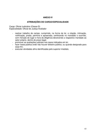 43
ANEXO IV
ATRIBUIÇÕES DO CARGO/ESPECIALIDADE
Cargo: Oficial Judiciário (Classe D)
Especialidade: Oficial de Justiça Avaliador
- realizar trabalho de campo, cumprindo, na forma da lei, a citação, intimação,
notificação, prisão, penhora e apreensão, certificando no mandado o ocorrido,
com menção do lugar e hora da diligência devolvendo o respectivo mandado ao
setor próprio, dentro do prazo legal;
- promover as avaliações judiciais nos casos indicados em lei;
- fazer hasta pública onde não houver leiloeiro público, ou quando designado para
esse fim;
- executar atividades afins identificadas pelo superior imediato.
 