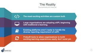 3
The most exciting activities are custom built.
Large organizations are adopting xAPI, beginning
with traditional e-learning.
Existing platforms aren’t ready to handle the
diverse reporting requirement of xAPI.
Prebuilt tools to allow organizations to build
exciting learning experiences easily don’t exist yet.
The Reality
The community isn’t there yet.
 