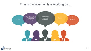 6
Profilescmi5
Non-Launched
Learning
Activity
Zapier
Capturing
Informal
Learning
Things the community is working on…
 