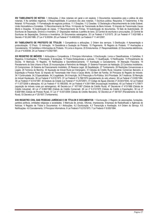 Página 27
XIV TABELIONATO DE NOTAS: 1 Atribuições. 2 Atos notariais em geral e em espécie. 3 Documentos necessários para a prática de atos
notariais. 4 As certidões negativas. 5 Responsabilidade. 6 Lavratura dos atos notariais. 7 Escritura pública. Requisitos. 8 Testamentos. 9 Ata
Notarial. 10 Procuração. 11 Formalização de negócios jurídicos. 11.1 Doações. 11.2 Cessões. 12 Declaração e Reconhecimento de União Estável,
União Homoafetiva e Correlatas. 13 Reconhecimento de Filhos. 14 Imposto de Transmissão de Bens Imóveis. 15 Imposto de Transmissão Causa
Mortis e Doações. 16 Autenticação de cópias. 17 Reconhecimento de Firmas. 18 Autenticação de documentos. 19 Selo de Autenticidade. 20
Escrituras de Separação, Divórcio e Inventário. 21 Disposições relativas à partilha de bens. 22 Central de escrituras e procurações. 23 Central de
Escrituras de Separações, Divórcios e Inventários. 24 Documentos estrangeiros. 25 Lei Federal nº 6.015/73. 26 Lei Federal nº 7.433/1985 e
Decreto nº 93.240/1986. 27 Lei nº 8.935/94. 28 Lei Federal nº 10.406/2002. Lei Federal nº 11.441/2007.
XV TABELIONATO DE PROTESTO DE TÍTULOS: 1 Competência e atribuições. 2 Ordem dos serviços. 3 Distribuição. 4 Apresentação e
protocolização. 12 Prazo. 13 Intimação. 14 Desistência e Sustação do Protesto. 15 Pagamento. 16 Registro do Protesto. 17 Averbações e
Cancelamento. 18 Certidões e Informações do Protesto. 19 Livros e Arquivos. 20 Emolumentos. 21 Responsabilidade. 22 Documentos eletrônicos.
23 Lei nº 8.935/94. 24 Lei Federal nº 9.492/1997.
XVI REGISTRO DE IMÓVEIS: 1 Atribuições e Competência. 2 Princípios Informativos. 3 Escrituração. Livros e Classificadores. 4 Certidões. 5
Registros. 6 Averbações. 7 Prenotação. 8 Anotações. 10 Títulos Extrajudiciais e Judiciais. 11 Qualificação. 12 Notificações. 13 Procedimento de
Dúvida. 14 Matrícula. 15 Registro. 16 Retificações e Georreferenciamento. 17 Averbação e Cancelamento. 18 Alienação Fiduciária. 19
Parcelamento do Solo Urbano e Rural. 20 Incorporações e Patrimônio de Afetação. 21 Sistema Financeiro da Habitação. 22 Contratos Imobiliários.
23 Compromisso. 24 Sistema de Financiamento Imobiliário. 25 Reserva Legal. 26 Desafetação. 27 Tombamento. 28 Restrições Convencionais e
Legais. 29 Terrenos de Marinha. 30 Aquisição de Imóvel Rural por Estrangeiro. 31 Cédulas de Crédito Rural, Industrial, Comercial, Bancário, à
Exportação e Produto Rural. 32 Imposto de Transmissão Inter Vivos e Causa Mortis. 33 Bem de Família. 34 Princípios do Registro de Imóveis:
34.1 Continuidade. 34.2 Especialidade. 34.3 Legalidade. 34.4 Inscrição. 34.5 Presunção e Fé-Pública. 34.6 Prioridade. 34.7 Instância. 35 Remição
do Imóvel Hipotecado. 36 Lei Federal nº 6.015/1973. 37 Lei Federal nº 6.766/1979 (parcelamento do solo urbano). 38 Lei Federal nº 8.935/1994.
39 Lei Federal nº 9.514/1997. 40 Estatuto da Cidade (Lei Federal nº 10.257/2001). 41 Código de Águas (Decreto nº 24.643/1934). 42 Lei Federal
nº 11.977/2009 e alterações. 43 Lei Federal nº 10.169/2000. 44 Lei Federal nº 4.591/1964 (Incorporação Imobiliária). 45 Lei Federal nº 5.709/71
(aquisição de imóveis rurais por estrangeiros). 46 Decreto-Lei nº 167/1967 (Cédula de Crédito Rural). 47 Decreto-lei nº 413/1969 (Cédula de
Crédito Industrial). 48 Lei nº 6.840/1980 (Cédula de Crédito Comercial). 49 Lei nº 6.313/1975 (Cédula de Crédito à Exportação). 50 Lei nº
8.929/1994 (Cédula de Produto Rural). 51 Lei nº 10.931/2004 (Cédula de Crédito Bancário). 52 Decreto-Lei nº 58/1937 (Parcelamento do Solo
Rural). 53 Decreto-Lei nº 25/1937 (Tombamento).
XVII REGISTRO CIVIL DAS PESSOAS JURÍDICAS E DE TÍTULOS E DOCUMENTOS: 1 Escrituração. 2 Registro de associações, fundações,
partidos políticos, entidades religiosas e sociedades. 3 Matrícula de Jornais, Oficinas, Impressoras, Empresas de Radiodifusão e Agências de
Notícias. 4 Registro de Títulos e Documentos: 4.1 Atribuições. 4.2 Escrituração. 4.3 Transcrição e Averbação. 4.4 Ordem do Serviço. 4.5
Notificações. 4.6 Cancelamento. 5 Princípios Informativos. 6 Lei Federal nº 6.015/1973. 7 Lei Federal nº 8.935/1994.
 