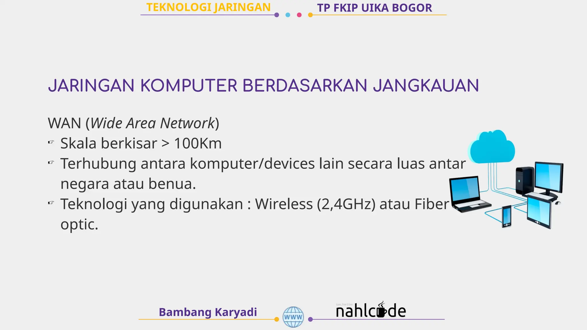 JARINGAN KOMPUTER BERDASARKAN JANGKAUAN
Bambang Karyadi
TP FKIP UIKA BOGOR
WAN (Wide Area Network)
☞
Skala berkisar > 100Km
☞
Terhubung antara komputer/devices lain secara luas antar
negara atau benua.
☞
Teknologi yang digunakan : Wireless (2,4GHz) atau Fiber
optic.
TEKNOLOGI JARINGAN
 