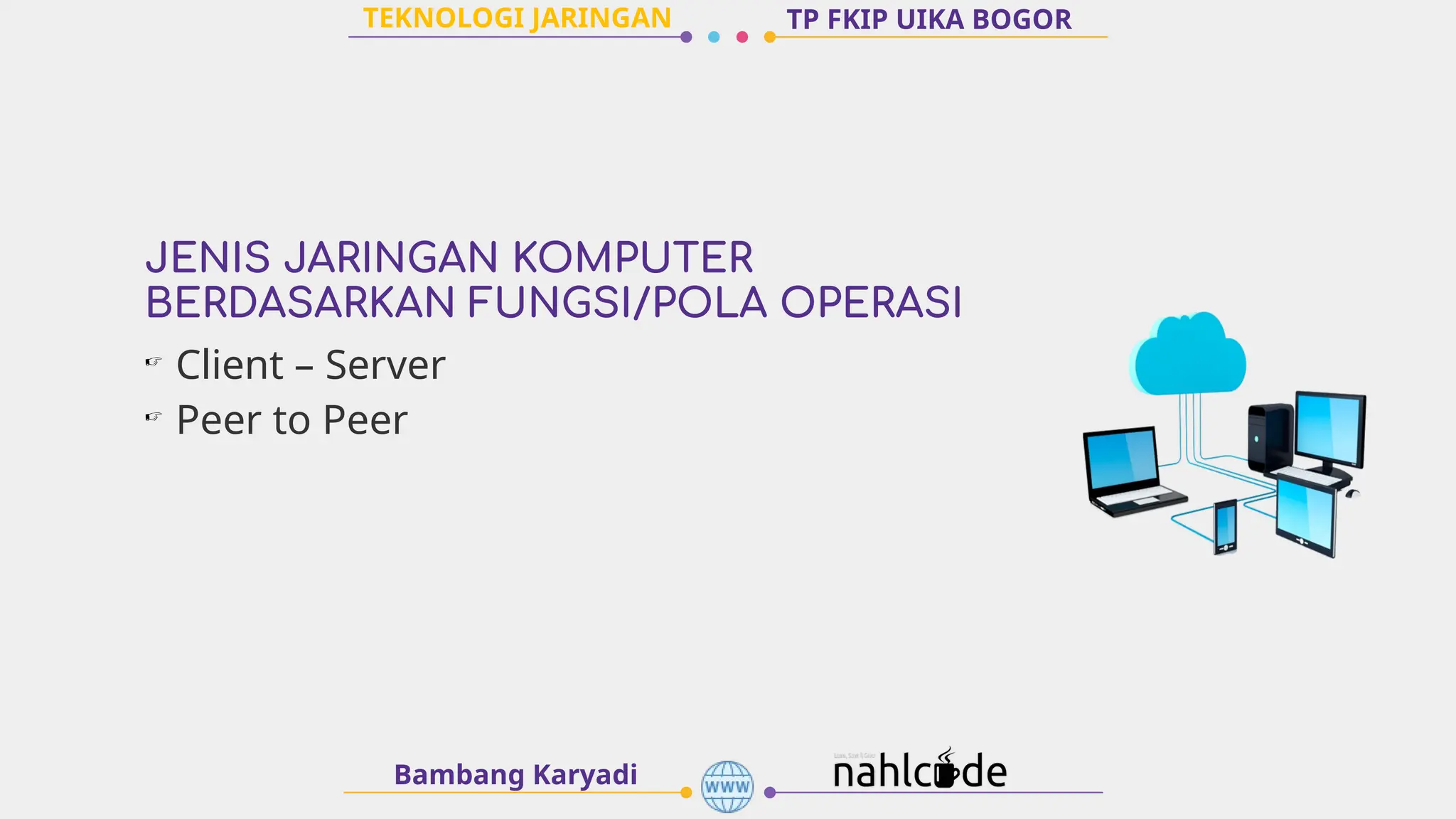 JENIS JARINGAN KOMPUTER
BERDASARKAN FUNGSI/POLA OPERASI
Bambang Karyadi
TP FKIP UIKA BOGOR
☞
Client – Server
☞
Peer to Peer
TEKNOLOGI JARINGAN
 