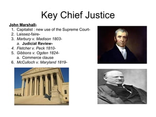 Key Chief Justice John Marshall-   1.  Capitalist : new use of the Supreme Court-  2.  Laissez-faire-  3.  Marbury v. Madison 1803-  a.  Judicial Review-   4.  Fletcher v. Peck 1810-  5.  Gibbons v. Ogden 1824-   a.  Commerce clause 6.  McCulloch v. Maryland 1819-   