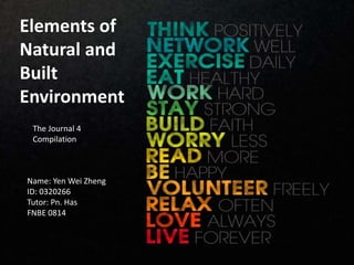 Elements of
Natural and
Built
Environment
The Journal 4
Compilation
Name: Yen Wei Zheng
ID: 0320266
Tutor: Pn. Has
FNBE 0814
 