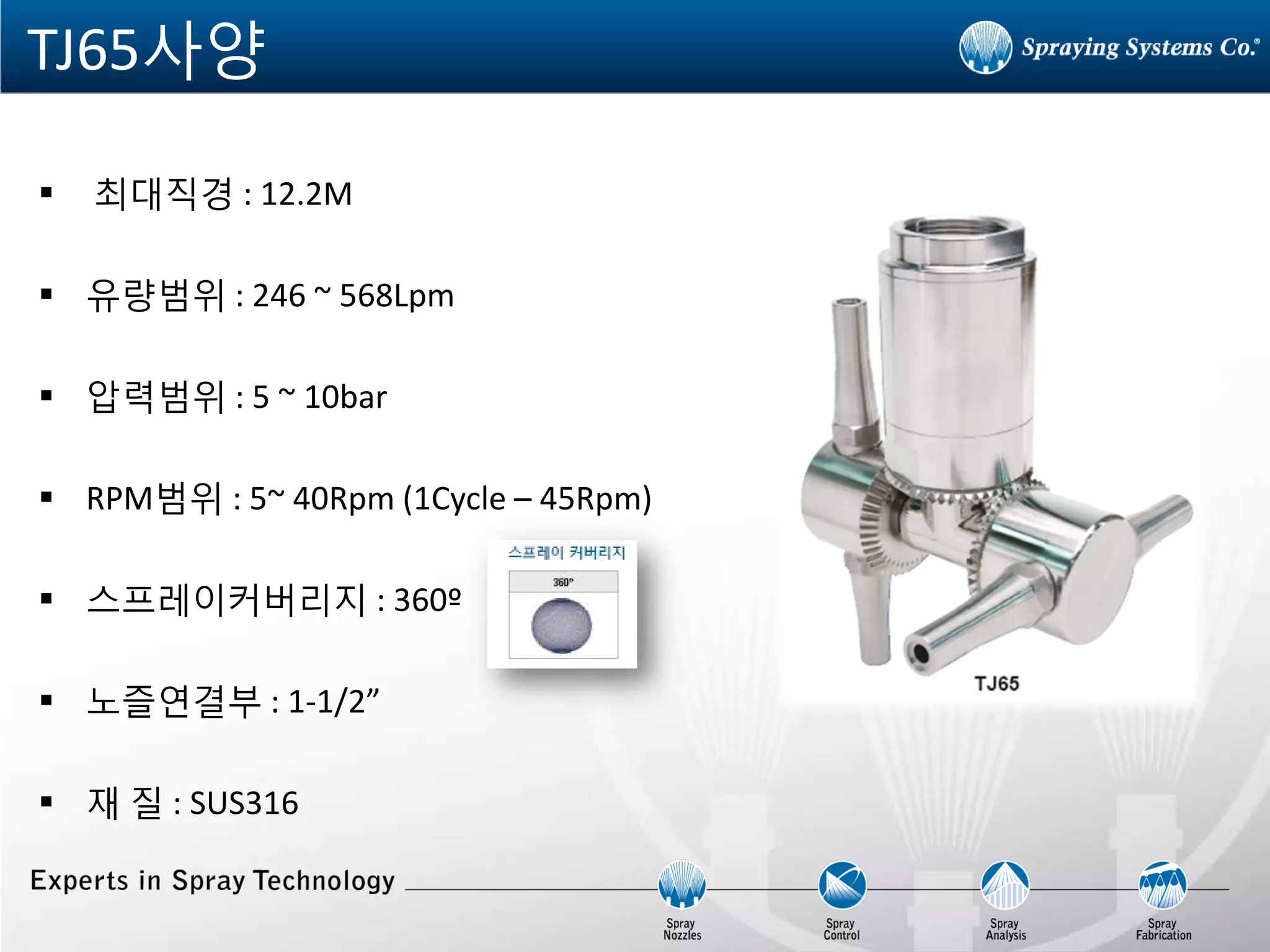 TJ65사양 
 최대직경 : 12.2M 
유량범위 : 246 ~ 568Lpm 
압력범위 : 5 ~ 10bar 
RPM범위 : 5~ 40Rpm (1Cycle – 45Rpm) 
스프레이커버리지 : 360º 
노즐연결부 : 1-1/2” 
재 질 : SUS316 
 
