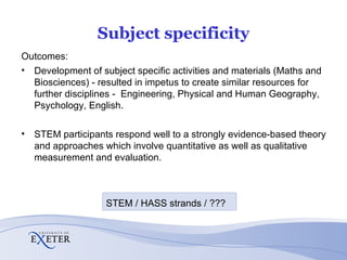 Subject specificity Outcomes: Development of subject specific activities and materials (Maths and Biosciences) - resulted in impetus to create similar resources for further disciplines -  Engineering, Physical and Human Geography, Psychology, English.  STEM participants respond well to a strongly evidence-based theory and approaches which involve quantitative as well as qualitative measurement and evaluation.  STEM / HASS strands / ??? 