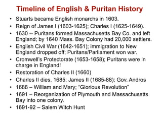 Timeline of English & Puritan History
• Stuarts became English monarchs in 1603.
• Reign of James I (1603-1625); Charles I (1625-1649).
• 1630 -- Puritans formed Massachusetts Bay Co. and left
  England; by 1640 Mass. Bay Colony had 20,000 settlers.
• English Civil War (1642-1651); immigration to New
  England dropped off; Puritans/Parliament won war.
• Cromwell’s Protectorate (1653-1658); Puritans were in
  charge in England!
• Restoration of Charles II (1660)
• Charles II dies, 1685; James II (1685-88); Gov. Andros
• 1688 – William and Mary; “Glorious Revolution”
• 1691 – Reorganization of Plymouth and Massachusetts
  Bay into one colony.
• 1691-92 – Salem Witch Hunt
 