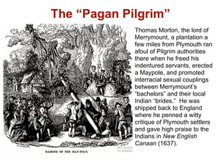 The “Pagan Pilgrim”
             Thomas Morton, the lord of
             Merrymount, a plantation a
             few miles from Plymouth ran
             afoul of Pilgrim authorities
             there when he freed his
             indentured servants, erected
             a Maypole, and promoted
             interracial sexual couplings
             between Merrymount’s
             “bachelors” and their local
             Indian “brides.” He was
             shipped back to England
             where he penned a witty
             critique of Plymouth settlers
             and gave high praise to the
             Indians in New English
             Canaan (1637).
 
