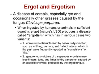 Ergot and Ergotism
– A disease of cereals, especially rye and
  occasionally other grasses caused by the
  fungus Claviceps purpurea.
  • When ingested by humans or animals in sufficient
    quantity, ergot (nature’s LSD) produces a disease
    called “ergotism” which has in serious cases two
    variants:
     – 1. convulsive--characterized by nervous dysfunction,
       such as writhing, tremors, and hallucinations, which in
       the past were frequently reported as “convulsions” or
       “fits. ”
     – 2. gangrenous--victims of gangrenous ergotism may
       lose fingers, toes, and limbs to dry gangrene, caused by
       an alkaloid chemical produced by the ergot fungus.
 