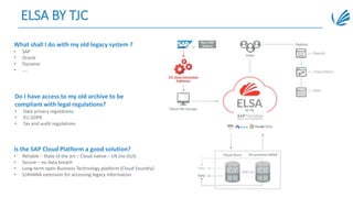 ELSA BY TJC
What shall I do with my old legacy system ?
• SAP
• Oracle
• Dynamic
• ….
Do I have access to my old archive to be
compliant with legal regulations?
• Data privacy regulations
• EU GDPR
• Tax and audit regulations
Is the SAP Cloud Platform a good solution?
• Reliable – State of the art – Cloud native – UX (no GUI)
• Secure – no data breach
• Long-term open Business Technology platform (Cloud Foundry)
• S/4HANA extension for accessing legacy information
 