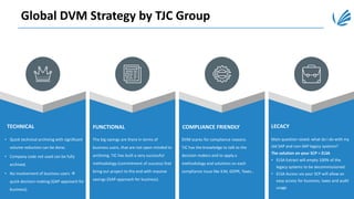 Global DVM Strategy by TJC Group
• Quick technical archiving with significant
volume reduction can be done.
• Company code not used can be fully
archived.
• No involvement of business users 
quick decision-making (GAP-approach for
business).
TECHNICAL
The big savings are there in terms of
business users, that are not open minded to
archiving. TJC has built a very successful
methodology (commitment of success) that
bring our project to the end with massive
savings (GAP-approach for business).
FUNCTIONAL
DVM scares for compliance reasons.
TJC has the knowledge to talk to the
decision makers and to apply a
methodology and solutions on each
compliance issue like ILM, GDPR, Taxes…
COMPLIANCE FRIENDLY
Main question raised: what do I do with my
old SAP and non-SAP legacy systems?
The solution on your SCP = ELSA
• ELSA Extract will empty 100% of the
legacy systems to be decommissioned.
• ELSA Access via your SCP will allow an
easy access for business, taxes and audit
usage
LECACY
 