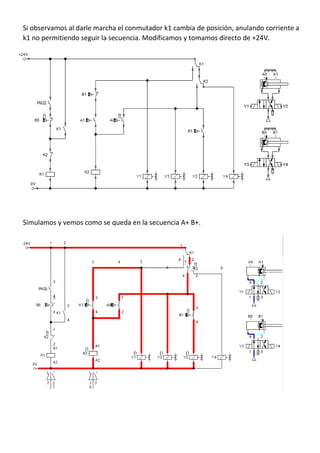 Si observamos al darle marcha el conmutador k1 cambia de posición, anulando corriente a
k1 no permitiendo seguir la secuencia. Modificamos y tomamos directo de +24V.
Simulamos y vemos como se queda en la secuencia A+ B+.
 