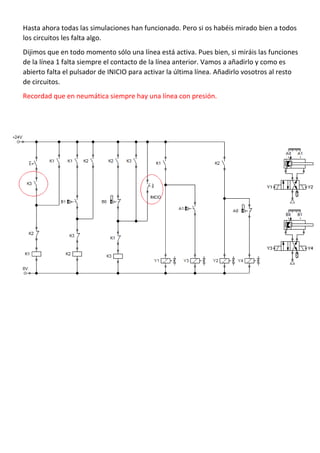 Hasta ahora todas las simulaciones han funcionado. Pero si os habéis mirado bien a todos
los circuitos les falta algo.
Dijimos que en todo momento sólo una línea está activa. Pues bien, si miráis las funciones
de la línea 1 falta siempre el contacto de la línea anterior. Vamos a añadirlo y como es
abierto falta el pulsador de INICIO para activar la última línea. Añadirlo vosotros al resto
de circuitos.
Recordad que en neumática siempre hay una línea con presión.
 