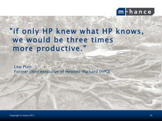 "if only HP knew what HP knows,
 we would be three times
 more productive."

   Lew Platt
   Former chief executive of Hewlett-Packard (HPQ)




Copyright m-hance 2011                               16
 