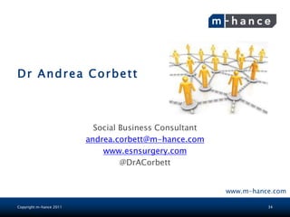 Dr Andrea Corbett



                           Social Business Consultant
                         andrea.corbett@m-hance.com
                             www.esnsurgery.com
                                  @DrACorbett


                                                        www.m-hance.com

Copyright m-hance 2011                                            34
 