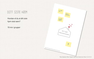 d
E g et ba

diTT sisTe HjeM

P le ie re s
om
b e h a n d le
r m eg
so m s in
egen mo
r

Hvordan vil du at ditt siste

å
P iz za p
lø rda g e r

hjem skal være?
10 min i grupper

H vo r
dan v

MiTT H
jeM

il du

ha de

t i dit

t s i st

e hje

m?

?
Nors

k For

m 24

.10.13

| Wor

kshop

| Åsn

e Kyd

land,

Marit
S

tøylen
o

g Em

ilie S

trømm

en Ols

en

Åsne Kydland, Marit Støylen og Emilie Strømmen Olsen | 24.10.13

 