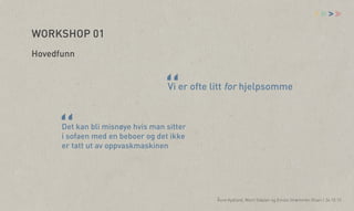 vv

>

WORKSHOP 01
Hovedfunn

“

Vi er ofte litt for hjelpsomme

“

Det kan bli misnøye hvis man sitter
i sofaen med en beboer og det ikke
er tatt ut av oppvaskmaskinen

Åsne Kydland, Marit Støylen og Emilie Strømmen Olsen | 24.10.13

 