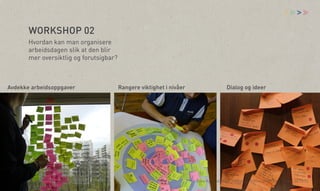vv

>

WORKSHOP 02
Hvordan kan man organisere
arbeidsdagen slik at den blir
mer oversiktlig og forutsigbar?

Avdekke arbeidsoppgaver

Rangere viktighet i nivåer

Dialog og ideer

Åsne Kydland, Marit Støylen og Emilie Strømmen Olsen | 24.10.13

 