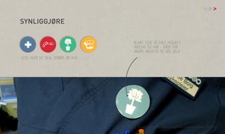 vv

>

SYNLIGGJØRE
klart vise og føle hvilket
ansvar du har - både for
andre ansatte og deg selv
vite hvem du skal spørre om hva...

Åsne Kydland, Marit Støylen og Emilie Strømmen Olsen | 24.10.13

 