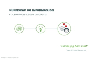 KUNNSKAP OG INFORMASJON
ET HJELPEMIDDEL TIL BEDRE LIVSKVALITET

"Hadde jeg bare visst"
“Ingen tid å miste” Demens nytt
,

Åsne Kydland og Marit Støylen // 24.10. 2013

 