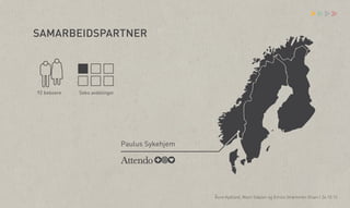 vv

>

SAMARBEIDSPARTNER

92 beboere

Seks avdelinger

Paulus Sykehjem

Attendo

Åsne Kydland, Marit Støylen og Emilie Strømmen Olsen | 24.10.13

 