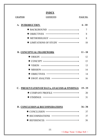 [5]
< College Name / College Roll >
INDEX
CHAPTER CONTENTS PAGE NO.
A. INTRODUCTION 6 - 10
 BACKGROUND 7
 OBJECTIVES 8
 METHODOLOGY 8
 LIMITATIONS OF STUDY 10
B. CONCEPTUAL FRAMEWORK 11 - 18
 ORIGIN 12
 CONCEPT 13
 VISION 13
 MISSION 14
 OBJECTIVES 14
 SWOT ANALYSIS 16
C. PRESENTATIONOF DATA, ANALYSIS & FINDINGS 19 - 35
 COMPANY PROFILE 20
 FINDINGS 31
D. CONCLUSION & RECOMNEDATIONS 36 - 38
 CONCLUSION 37
 RECOMNDATIONS 37
 REFERENCES 38
 