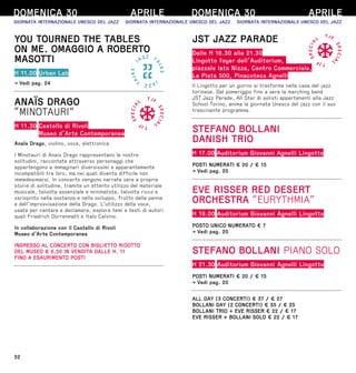 52
DOMENICA 30 APRILE
YOU TOURNED THE TABLES
ON ME. OMAGGIO A ROBERTO
MASOTTI
H 11.00 Urban Lab
→ Vedi pag. 24
ANAÏS DRAGO
“MINOTAURI”
H 11.30 Castello di Rivoli
Museo d’Arte Contemporanea
Anaïs Drago, violino, voce, elettronica
I Minotauri di Anaïs Drago rappresentano le nostre
solitudini, raccontate attraverso personaggi che
appartengono a immaginari diversissimi e apparentemente
incompatibili tra loro, ma nei quali diventa difficile non
immedesimarsi. In concerto vengono narrate vere e proprie
storie di solitudine, tramite un attento utilizzo del materiale
musicale, talvolta essenziale e minimalista, talvolta ricco e
variopinto nella sostanza e nello sviluppo, frutto della penna
e dell’improvvisazione della Drago. L’utilizzo della voce,
usata per cantare e declamare, esplora temi e testi di autori
quali Friedrich Dürrenmatt e Italo Calvino.
In collaborazione con il Castello di Rivoli
Museo d’Arte Contemporanea
INGRESSO AL CONCERTO CON BIGLIETTO RIDOTTO
DEL MUSEO € 6,50 IN VENDITA DALLE H. 11
FINO A ESAURIMENTO POSTI
DOMENICA 30 APRILE
JST JAZZ PARADE
Dalle H 16.30 alle 21.30
Lingotto foyer dell’Auditorium,
piazzale lato Nizza, Centro Commerciale,
La Pista 500, Pinacoteca Agnelli
Il Lingotto per un giorno si trasforma nella casa del jazz
torinese. Dal pomeriggio fino a sera la marching band
JST Jazz Parade, All Star di solisti appartenenti alla Jazz
School Torino, anima la giornata Unesco del jazz con il suo
trascinante programma.
STEFANO BOLLANI
DANISH TRIO
H 17.00 Auditorium Giovanni Agnelli Lingotto
POSTI NUMERATI € 20 / € 15
→ Vedi pag. 20
EVE RISSER RED DESERT
ORCHESTRA “EURYTHMIA”
H 19.00 Auditorium Giovanni Agnelli Lingotto
POSTO UNICO NUMERATO € 7
→ Vedi pag. 20
STEFANO BOLLANI PIANO SOLO
H 21.30 Auditorium Giovanni Agnelli Lingotto
POSTI NUMERATI € 20 / € 15
→ Vedi pag. 20
ALL DAY (3 CONCERTI) € 37 / € 27
BOLLANI DAY (2 CONCERTI) € 35 / € 25
BOLLANI TRIO + EVE RISSER € 22 / € 17
EVE RISSER + BOLLANI SOLO € 22 / € 17
 