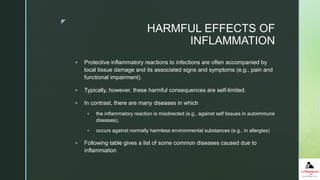 z
HARMFUL EFFECTS OF
INFLAMMATION
 Protective inflammatory reactions to infections are often accompanied by
local tissue damage and its associated signs and symptoms (e.g., pain and
functional impairment).
 Typically, however, these harmful consequences are self-limited.
 In contrast, there are many diseases in which
 the inflammatory reaction is misdirected (e.g., against self tissues in autoimmune
diseases),
 occurs against normally harmless environmental substances (e.g., in allergies)
 Following table gives a list of some common diseases caused due to
inflammation
 