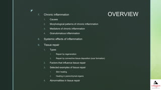 z
OVERVIEW7. Chronic inflammation
1. Causes
2. Morphological patterns of chronic inflammation
3. Mediators of chronic inflammation
4. Granulomatous inflammation
8. Systemic effects of inflammation
9. Tissue repair
1. Types
1. Repair by regeneration
2. Repair by connective tissue deposition (scar formation)
2. Factors that influence tissue repair
3. Selected examples of tissue repair
1. Skin healing
2. Healing in parenchymal organs
4. Abnormalities in tissue repair
 