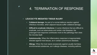 z
 LEUCOCYTE MEDIATED TISSUE INJURY
 Collateral damage: As part of a normal defence reaction against
infectious microbes, when adjacent tissues suffer collateral damage.
 Difficult to eradicate infections: In some infections that are difficult to
eradicate, such as tuberculosis and certain viral diseases, the
prolonged host response contributes more to the pathology than does
the microbe itself.
 Autoimmunity: When the inflammatory response is inappropriately
directed against host tissues, as in certain autoimmune diseases.
 Allergy: When the host reacts excessively against usually harmless
environmental substances, as in allergic diseases, including asthma.
4. TERMINATION OF RESPONSE
 