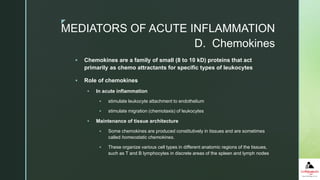 z
 Chemokines are a family of small (8 to 10 kD) proteins that act
primarily as chemo attractants for specific types of leukocytes
 Role of chemokines
 In acute inflammation
 stimulate leukocyte attachment to endothelium
 stimulate migration (chemotaxis) of leukocytes
 Maintenance of tissue architecture
 Some chemokines are produced constitutively in tissues and are sometimes
called homeostatic chemokines.
 These organize various cell types in different anatomic regions of the tissues,
such as T and B lymphocytes in discrete areas of the spleen and lymph nodes
D. Chemokines
MEDIATORS OF ACUTE INFLAMMATION
 