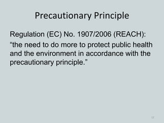 Precautionary Principle
Regulation (EC) No. 1907/2006 (REACH):
“the need to do more to protect public health
and the environment in accordance with the
precautionary principle.”
12
 