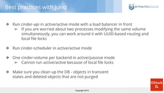 Copyright 2015
Best practices with Juno
❖ Run cinder-api in active/active mode with a load balancer in front
➢ If you are worried about two processes modifying the same volume
simultaneously, you can work around it with UUID-based routing and
local file locks
❖ Run cinder-scheduler in active/active mode
❖ One cinder-volume per backend in active/passive mode
➢ Cannot run active/active because of local file locks
❖ Make sure you clean up the DB - objects in transient
states and deleted objects that are not purged
 