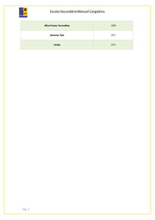 Escola Secundária Manuel Cargaleiro
Pág. 5
Bliss Frutos Vermelhos 2009
Summer Fest 2011
Limão 2012
 