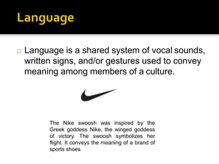  Language is a shared system of vocal sounds,
written signs, and/or gestures used to convey
meaning among members of a culture.
The Nike swoosh was inspired by the
Greek goddess Nike, the winged goddess
of victory. The swoosh symbolizes her
flight. It conveys the meaning of a brand of
sports shoes
 