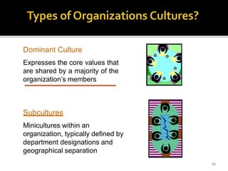 23
Dominant Culture
Expresses the core values that
are shared by a majority of the
organization’s members
Subcultures
Minicultures within an
organization, typically defined by
department designations and
geographical separation
 