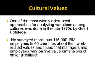  One of the most widely referenced
approaches for analyzing variations among
cultures was done in the late 1970s by Geert
Hofstede.
 He surveyed more than 116,000 IBM
employees in 40 countries about their work-
related values and found that managers and
employees vary on five value dimensions of
national culture:
 