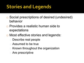  Social prescriptions of desired (undesired)
behavior
 Provides a realistic human side to
expectations
 Most effective stories and legends:
Describe real people
Assumed to be true
Known throughout the organization
Are prescriptive
 
