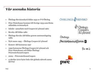 PwC
Vår svenska historia
• Öhrlings Revisionsbyrå bildas 1932 av P O Öhrling
• Price Waterhouse kommer till Sverige 1933 s...