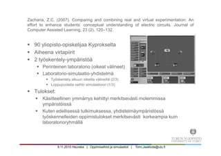 9.11.2010 Heureka | Oppimisaihiot ja simulaatiot | Tomi.Jaakkola@utu.fi
Zacharia, Z.C. (2007). Comparing and combining real and virtual experimentation: An
effort to enhance students’ conceptual understanding of electric circuits. Journal of
Computer Assisted Learning, 23 (2), 120–132.
§  90 yliopisto-opiskelijaa Kyprokselta
§  Aiheena virtapiirit
§  2 työskentely-ympäristöä
§  Perinteinen laboratorio (oikeat välineet)
§  Laboratorio-simulaatio-yhdistelmä
§  Työskentely alkuun oikeilla välineillä (2/3)
§  Loppupuolella vaihto simulaatioon (1/3)
§  Tulokset:
§  Käsitteellinen ymmärrys kehittyi merkitsevästi molemmissa
ympäristöissä
§  Kuten edellisessä tutkimuksessa, yhdistelmäympäristössä
työskennelleiden oppimistulokset merkitsevästi korkeampia kuin
laboratorioryhmällä
 