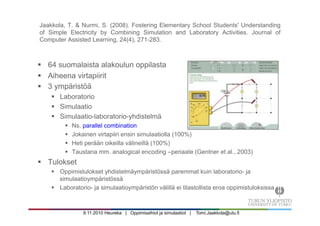 9.11.2010 Heureka | Oppimisaihiot ja simulaatiot | Tomi.Jaakkola@utu.fi
Jaakkola, T. & Nurmi, S. (2008). Fostering Elementary School Students' Understanding
of Simple Electricity by Combining Simulation and Laboratory Activities. Journal of
Computer Assisted Learning, 24(4), 271-283.
§  64 suomalaista alakoulun oppilasta
§  Aiheena virtapiirit
§  3 ympäristöä
§  Laboratorio
§  Simulaatio
§  Simulaatio-laboratorio-yhdistelmä
§  Ns. parallel combination
§  Jokainen virtapiiri ensin simulaatiolla (100%)
§  Heti perään oikeilla välineillä (100%)
§  Taustana mm. analogical encoding –periaate (Gentner et al., 2003)
§  Tulokset
§  Oppimistulokset yhdistelmäympäristössä paremmat kuin laboratorio- ja
simulaatioympäristössä
§  Laboratorio- ja simulaatioympäristön välillä ei tilastollista eroa oppimistuloksissa
 