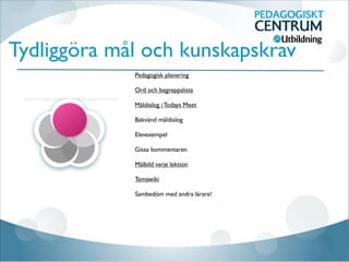 Tydliggöra mål och kunskapskrav
Pedagogisk planering

Ord och begreppslista

Måldialog i Todays Meet

Bakvänd måldialog

Elevexempel 

Gissa kommentaren

Målbild varje lektion

Temawiki

Sambedöm med andra lärare!



 