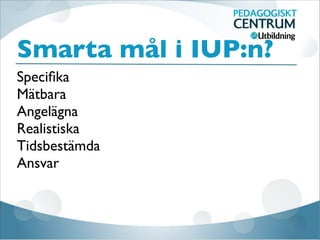 Smarta mål i IUP:n?
Speciﬁka
Mätbara
Angelägna
Realistiska
Tidsbestämda
Ansvar
 